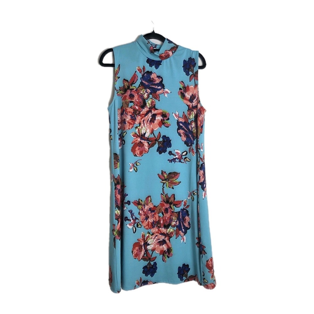 Aryeh Stretchy Aqua Floral Sleeveless Shift Dress Medium Stretch Comfort Teal
